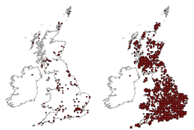 Maps showing the extents of rat populations in the UK. Black rats on the left (mainly confined to coastal areas) and brown rats on the right