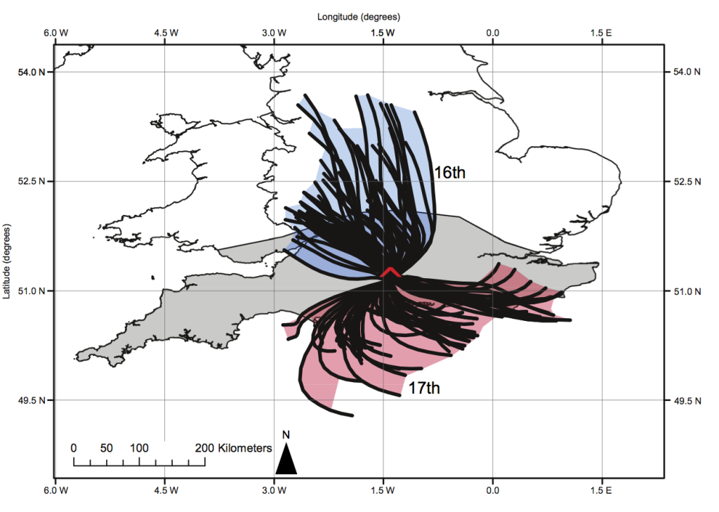 Contributing areas for the Chilbolton AERONET site, calculated as part of the time-for-space substitution used to assess spatial variability